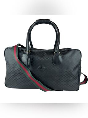 Gucci Black GG embossed Leather Duffel with Green-Red Web Strap